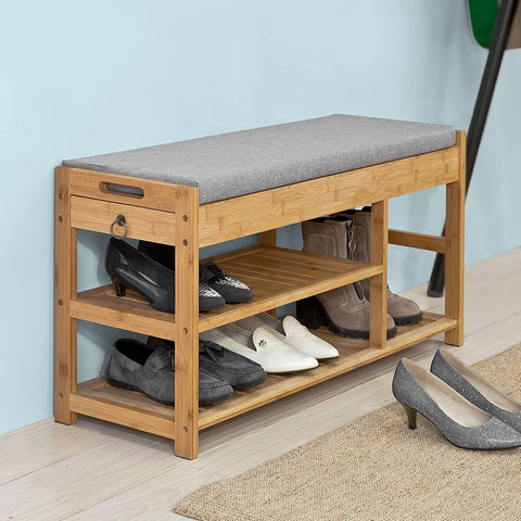 Rootz Bamboo Shoe Rack - Shoe Bench with Seat Cushion - Hallway Shoe Storage Bench Organizer with Drawers