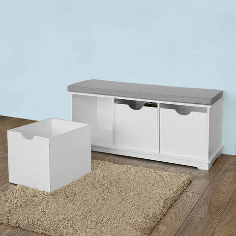 Rootz Storage Bench with 3 Drawers & Removable Seat Cushion - Shoe Storage Cabinet - White