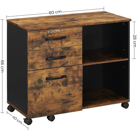 Rootz File Cabinet - Roll Container - Drawer Cabinet - On Wheels - Storage Compartments - Industrial - Brown - Black - Processed Wood - Metal - 80 x 40 x 66 cm