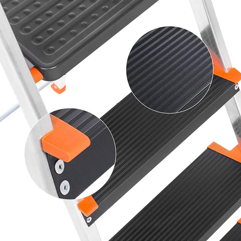Rootz Ladder - Steps - Foldable - Aluminum - Anti-Tip - Tool Tray - Black - Orange