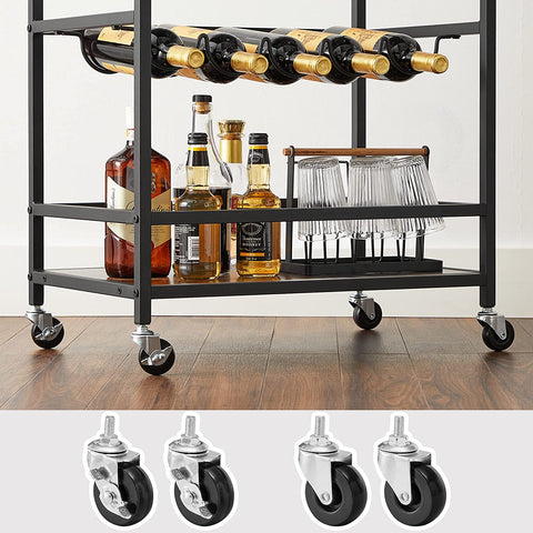 Rootz Kitchen trolley - Serving trolley - Bar trolley - On wheels - Bottle rack - Glass holders - Brown - Black - Processed Wood - Metal - 60 x 40 x 75 cm