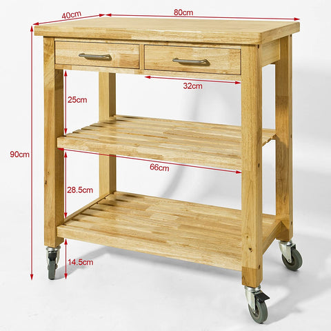 Rootz Rubber Wood Kitchen - Storage Trolley Cart with Two Drawers & Shelves