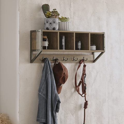Rootz WallCoat Rack - Wall Shelf Hook - Rack with 4 Compartments and 5 Hooks - W73 x D16 x H28cm