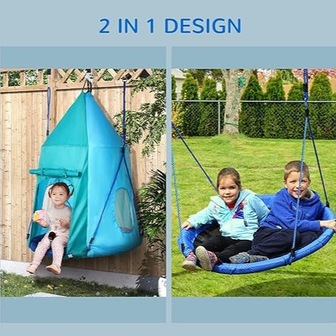 Rootz Nest Swing With Tent - Children's Swing - Length-adjustable Ropes - Waterproof - Load Capacity Up To 150 Kg - Blue-green - 100L x 100W x 150H cm