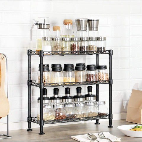 Rootz Spice Rack - 3 Levels - Kitchen Organizer - Adjustable - Metal - Silver - Black - 40 x 15 x 39.5 cm