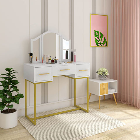 Rootz Dressing Table - Vanity Desk - Cosmetic Station - Makeup Stand - Beauty Organizer - Glamour Furniture - White - 90.2x125.5x40.2cm