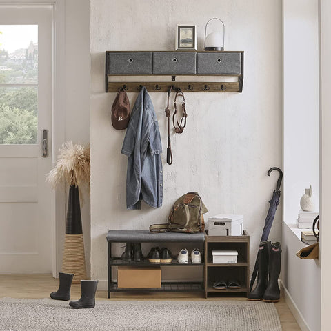 Rootz Wall Coat Rack Wall - Hallway Wall Shelf - Storage Cabinet with 3 Baskets 7 Hooks - W100 x D20 x H30cm