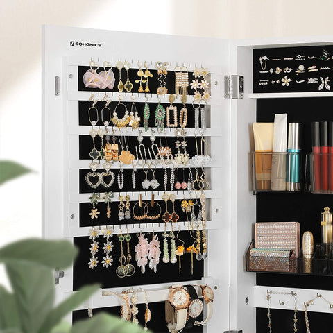 Rootz Jewelry Mirror - Jewelry Cabinet - Mirror Cabinet - Make-Up Organizer - Frameless - Lockable - White - MDF - 41.2 x 36.5 x 152 cm