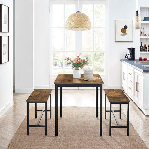 Rootz Dining Table - Kitchen Table Set with 2 benches each (97 x 30 x 50) cm - Metal frame - Industrial design (110 x 70 x 75 cm)