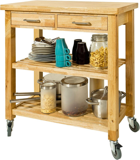 Rootz Rubber Wood Kitchen - Storage Trolley Cart with Two Drawers & Shelves