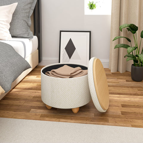 Rootz Hocker - Multifunctional Ottoman - Footstool with Storage - Seating Cube - Padded Stool - Furniture Storage Box - Cream White - Ø39x33 cm