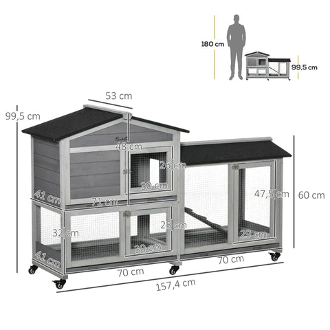 Rootz Rabbit Hutch - Small Animal Hutch with Wheels - Outdoor Enclosure - Asphalt Roof - Small Animal House - Two Tier - Fir Wood - Steel - Grey - 157.4 x 53 x 99.5 cm