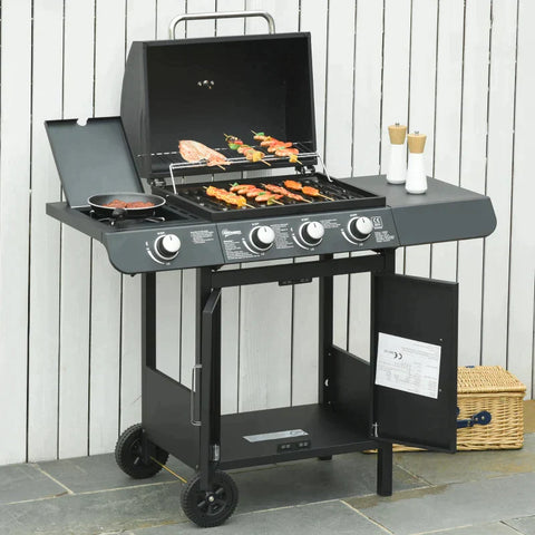 Rootz Gas Barbecue Grill - Gas Grill Trolley - Gas Grill - 3+1 Burner - Black - 110 x 50 x 100 cm