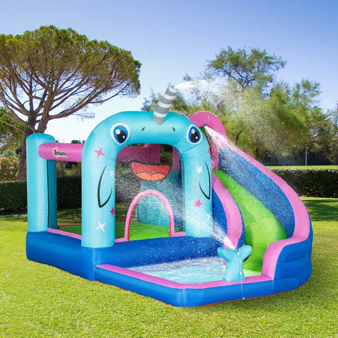 Rootz Inflatable Bouncy Castle With Slide - Bouncy Corner - Water Pool - Water Jets - Oxford Fabric - Polyester - Colorful - 330 x 280 x 200 cm