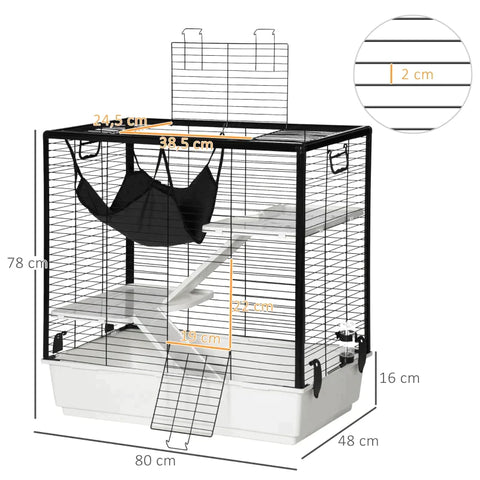 Rootz Small Animal Cage - Small Animal Enclosure Rodent Cage Animal Cage - Cage - Outdoor Enclosure -with Ramp And Hammock - Steel/Aluminum/Plastic - Black/White/Gray - 80 x 48 x 78 cm