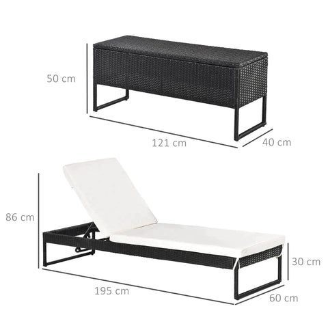 Rootz Lounge Chairs - Polyrattan Three Piece Set Sun Lounger - Garden Lounger - Tea Table - Metal - Polyester - Black/White - 195 x 60 x 86 cm