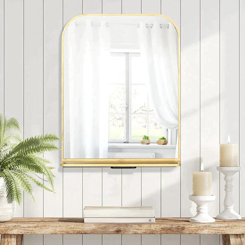 Rootz Wall Mirror - Bedroom Mirror - Square Mirror - With Shelf - Pine Wood Frame - Natural - 56cm x 12cm x 71.6cm