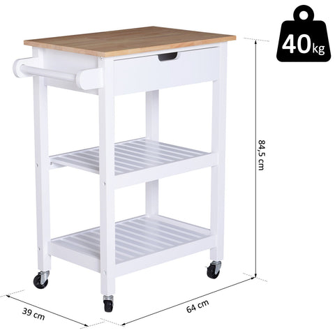 Rootz Kitchen trolley - Serving trolley - Kitchen trolley - Drawer - Shelves - Handle - Wood - 64 x 39 x 84.5 cm - White - Natural Color