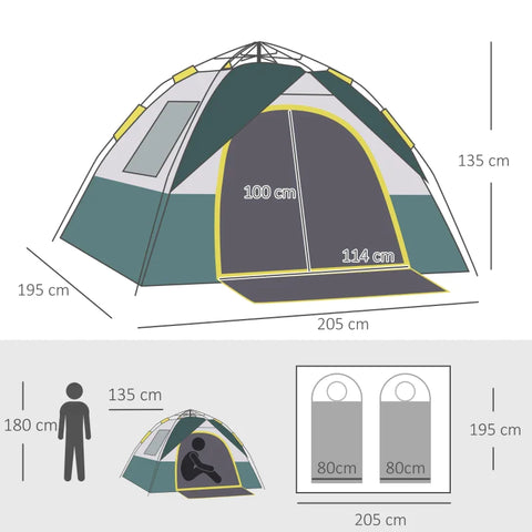 Rootz Camping Tent - 3 Person Tent - Dome Tent - Weatherproof Cover Protects Tent - Tent With Pegs - Outdoor Shelter - Polyester Material - Green - 205 X 195 X 135 Cm