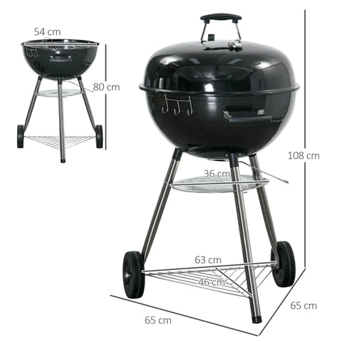 Rootz BBQ Grill - BBQ - BBQ Charcoal Grill - With Thermometer - Metal/Stainless Steel/Porcelain - Black - 65 x 65 x 108 cm