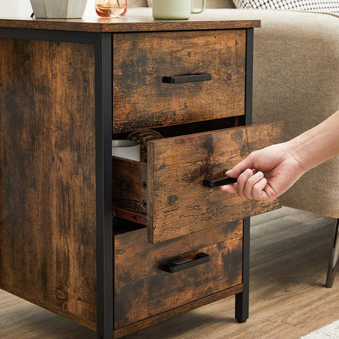 Rootz Bedside table - chest of drawers - side table - 3 drawers - industrial - brown - black - processed wood - metal - 40 x 40 x 60 cm