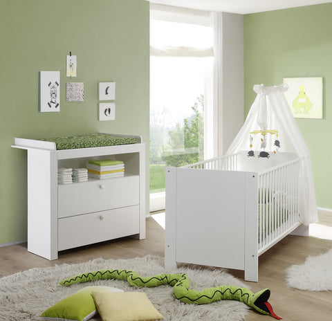 Rootz Nursery 2 Furniture Set - Baby Bed and Dresser - Complete Bundle - Modern Design - Classic White