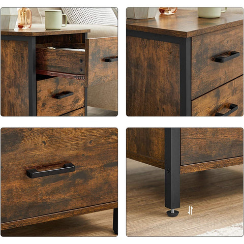 Rootz Bedside table - chest of drawers - side table - 3 drawers - industrial - brown - black - processed wood - metal - 40 x 40 x 60 cm