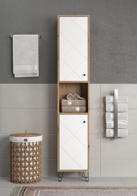 Rootz Tall Bathroom Cabinet - Storage Unit - Washroom Organizer - Bath Furniture - Towel Stand - Shelving System - White Matt Lacquer with Artisan Oak - 36 x 191 x 29 cm