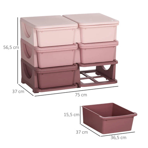 Rootz Kids Storage Box - Children's Room - Round Polishing Edge - 6 Large Drawers - Living Rooms - Toys+clothes -  Pink - 275L x 37W x 56.5H cm