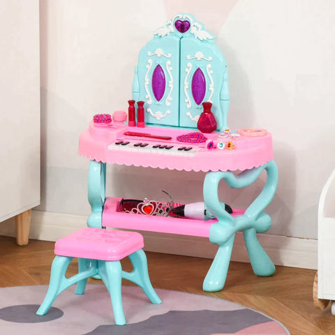 Rootz Children's Dressing Table - Baby Make-up Table With Stool Piano Music - PP plastic - PVC - Blue + Pink - 49.5L x 23W x 66H cm