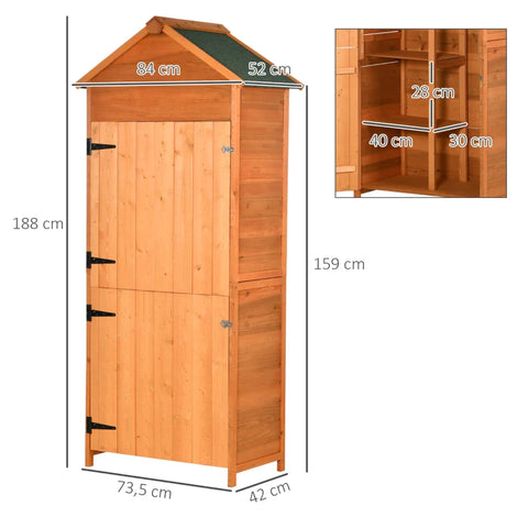 Rootz Equipment Cabinet - 3 Shelves - High Storage Compartment For Shovels - Asphalt Roof - Pine Wood - Orange - 84 x 52 x 188cm