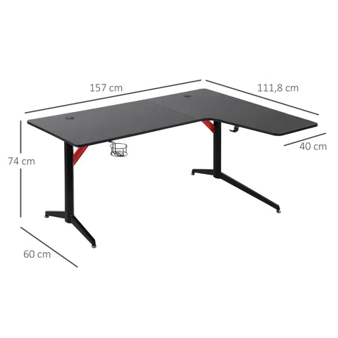 Rootz Gaming Table - Computer Desk - Gaming Desk - Office Tabl - Black/Red - 157 X 111.8 X 74 Cm