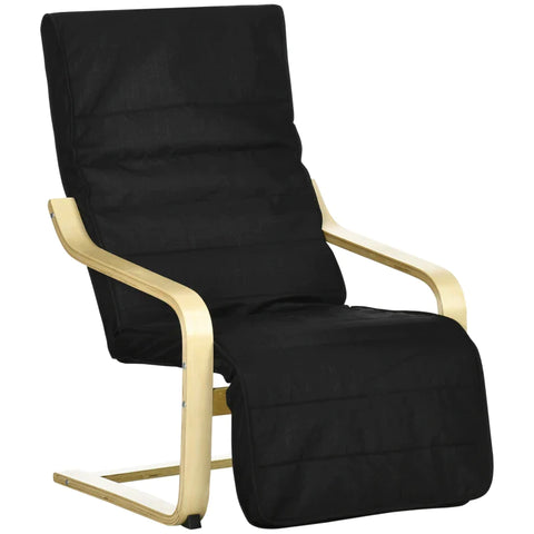 Rootz Relaxation Chair - Lounger - Adjustable Footrest - Cushion - Cotton Fabric - Wood + Black - 66.5 x 94 x 100cm