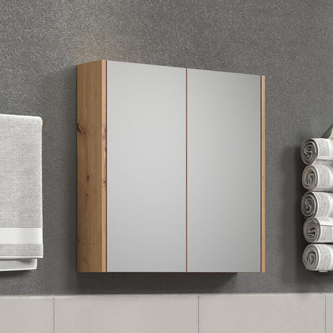 Rootz  Mirror Cabinet - Bathroom Storage - Reflective Unit - Scandi Style - Wall Mounted Organizer - White Matt with Artisan Oak - 69x70x15 cm