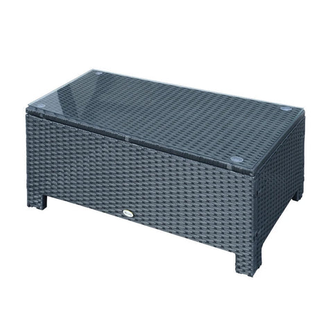 Rootz Garden Side Table - PE Rattan Garden Coffee Table -  With Glass Table Top - Black - 85cm x 50cm x 39cm