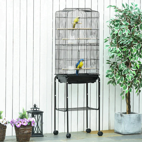 Rootz Bird Cage with Feeder - Wooden Swing Aviary with Doors - Wooden Poles Bird Cage with Storage Basket - Metal - Wire Tubular - Steel - Wood - Black - 46.5 x 36 x 157 cm