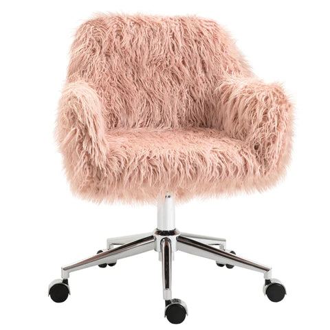 Rootz Office Chair - Executive Chair - Swivel Chair - Computer Chair - Make-up Chair - Seat Height Adjustment - Faux Fur Foam - Pink/Silver - 57 x 60 x 75-85 cm