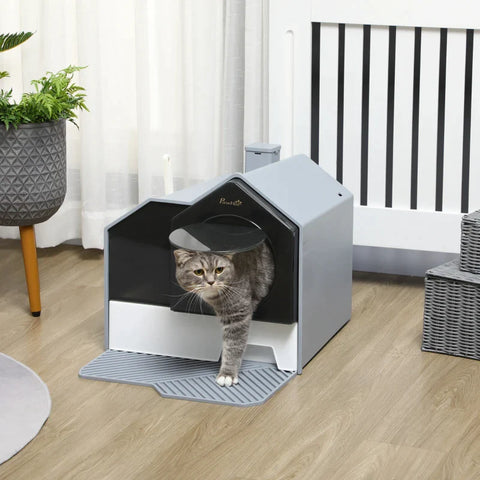 Rootz Hooded Cat Litter Tray with Scoop - Cat Litter Box with Drawer Pan - Handle - Deodorants - Hut Design - Front Entrance - Grey - 47 x 45 x 42cm