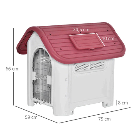 Rootz Dog House - Outdoor Dog House with Roof - Hatch Gate - Shelter for Small Dogs - Pen Air Circulation - Waterproof - Red/Light Grey - 59 x 75 x 66 cm