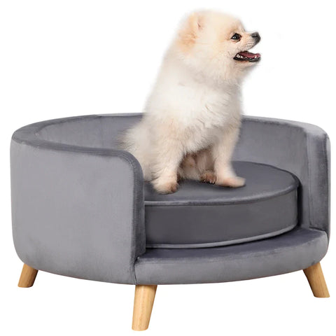 Rootz Dog Sofa - Soft Seat Cushion - Removable Cover - For Dogs Up To 10 Kg - Eucalyptus Wood - Gray - 68 x 68 x 35cm