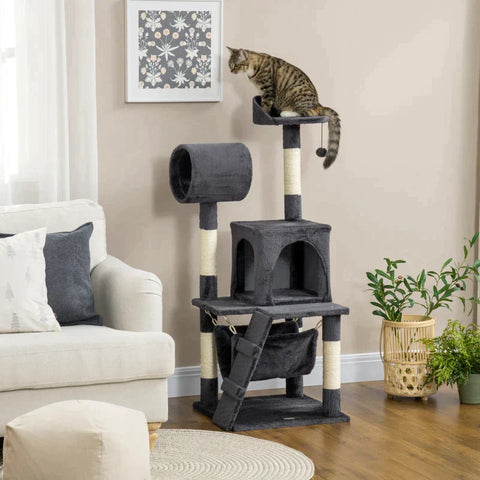 Rootz Scratching Post - Cat Cave - 1 Cat Tunnel - 1 Cat Bed - Gray + Natural - 48cm x 48cm x 125cm