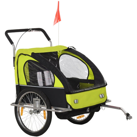 Rootz Child Bike Trailer - Children's Bicycle Trailer - For 2 Children - With Flag Rain Protection Breathable - Green/Black - 142 X 85 X 105 Cm