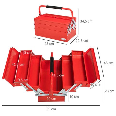 Rootz Tool Box With 5 Compartments - 5-tray Portable Tool Box - Steel - Red - 45 x 22.5 x 34.5 cm