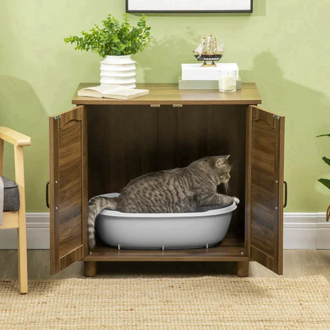 Rootz Cat Litter Box - Cat Cabinet - Litter Box - Cat Chest - Litter Box Cat House - With Magnetic Doors - Drawers Cabinet - Walnut/Dark Gray - 70 x 48 x 68 cm