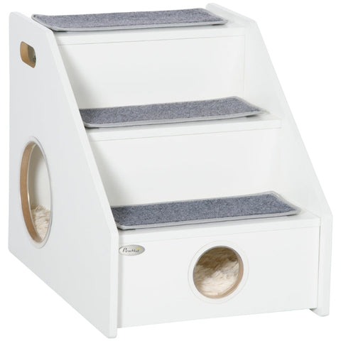 Rootz Pet Stairs - 3 Tier Dog Ramp - Cat Stairs - Dog Stairs - With Sleeping Cave - 3 Rugs - With Non-slip Carpet - White - 60 x 43 x 51 cm