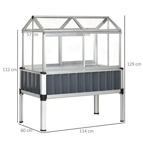 Rootz Raised Bed - Raised Planters with Greenhouse - Weather Resistant - Hinged Lid - Cover and Openable Windows - Gray + Silver - 114cm x 60cm x 129cm
