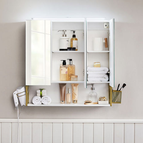 Rootz Mirror Cabinet - Bathroom Cabinet - Wall Mirror Cabinet - Mirror Cabinet With Lighting - Bathroom Storage Cabinet - Chipboard/Steel/Glass - White-Gold - 70 x 14.5 x 70 cm