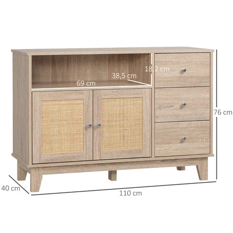 Rootz Sideboard With Viennese Weave - Kitchen Cabinet - 1 Cupboard - 3 Drawers - Natural - 110 cm x 40 cm x 76 cm