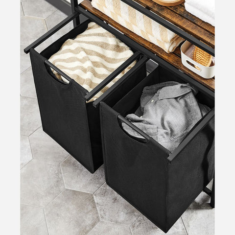 Rootz Laundry Basket - Laundry Basket With 2 Compartments - Clothes Basket Wicker - Laundry Basket - Plastic Laundry Basket - MDF - Steel - Oxford Cloth - Vintage Brown-black - 73 x 33 x 91 cm (L x W x H)