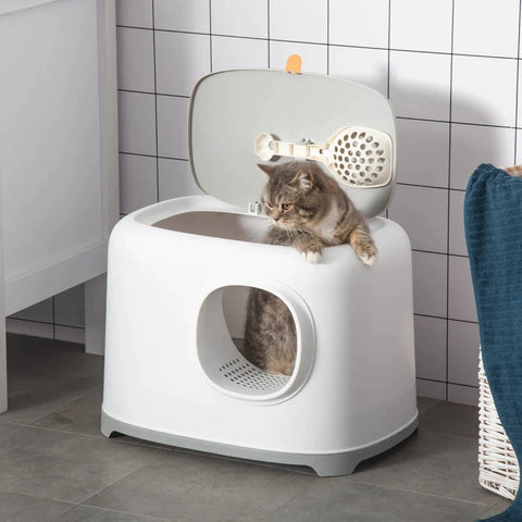 Rootz Cat Litter Box - With Hood For Cats - Up To 5 Kg - Litter Box With Lid - Mesh Base - Plastic - White - 55 x 40 x 39 cm